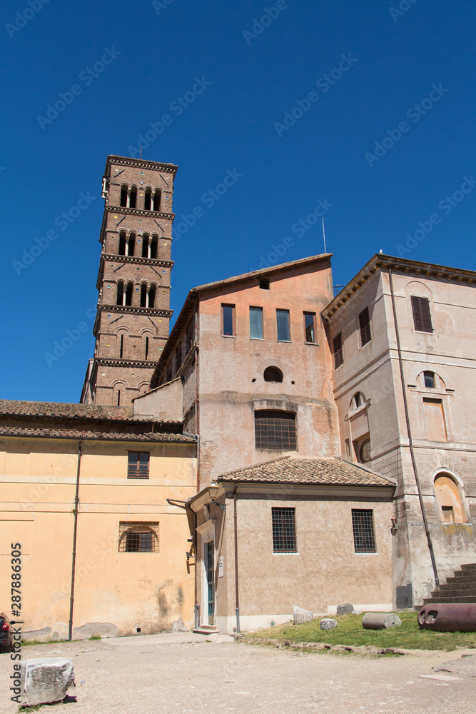 Church of Santa Francesca Romana and bell tower in Roman Forum, Rome, Lazio, Italy.