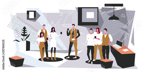 businesspeople using smartphones digital addiction concept business people team standing together holding gadgets modern office interior sketch full length horizontal