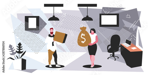 woman holding money bag paying dollars to man with gift box buying and selling exchanging concept modern office interior sketch horizontal full length