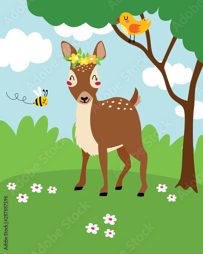 Roe deer  bee and bird in the forest.