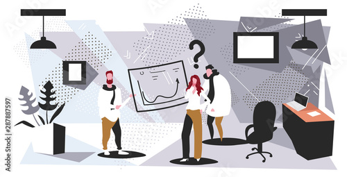 confused businesspeople office workers studying financial graphs businessman coach presenting report pointing on sales statistic data modern office interior sketch horizontal full length