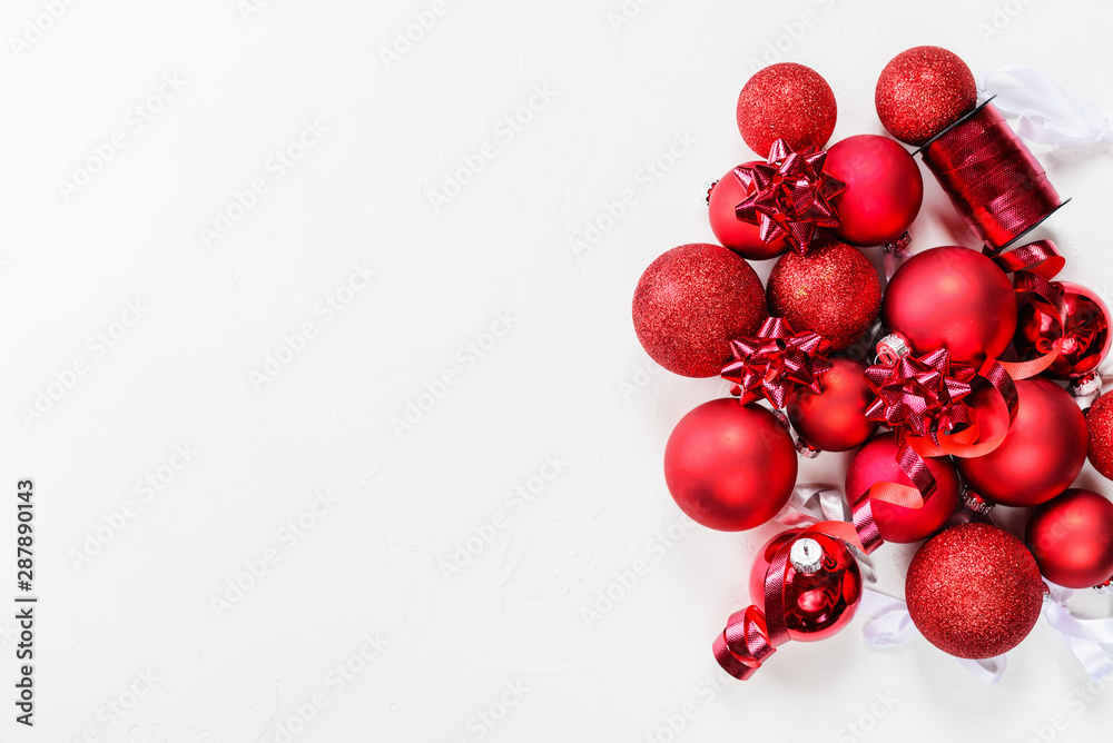 Christmas balls on a white background. Copy space, flat lay.