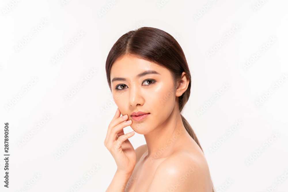 Beautiful asia woman face close up studio on white