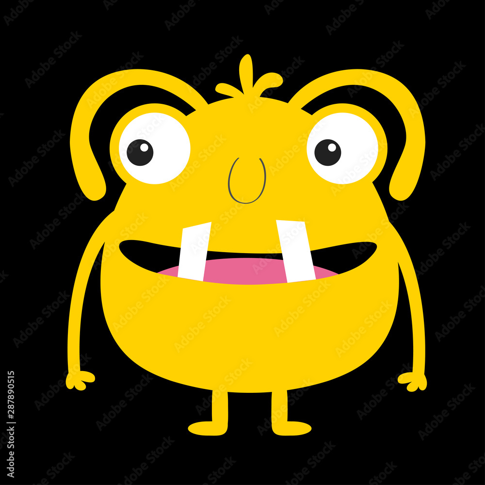 Fototapeta Monster yellow silhouette. Two eyes, tooth tongue, hands. Cute cartoon kawaii scary funny character. Baby collection.Happy Halloween. Black background. Isolated. Flat design.