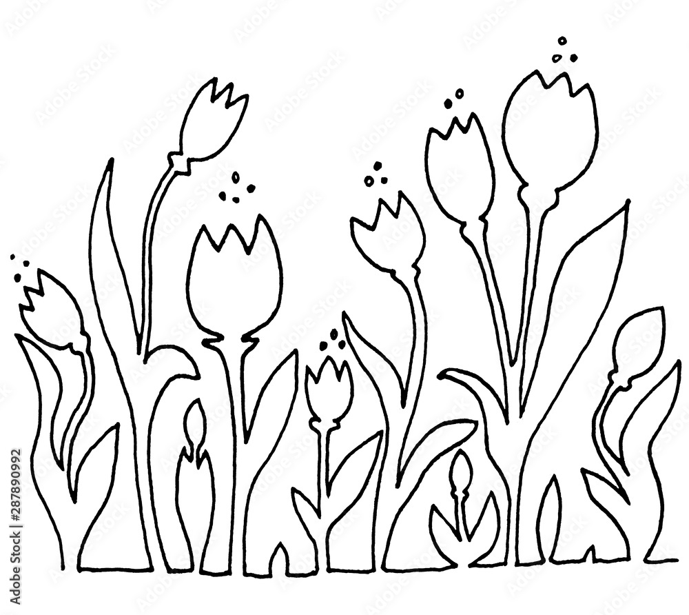 Naklejka premium Tulips. Seamless horizontal pattern. Isolated on background. Contour, silhouette, line