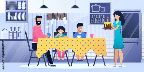 Happy Family Together Celebrate Birthday Kitchen. Vector Illustration Cartoon Style. Home Holiday, Parents, Mother, Bearded Father, Kids, Son, Daughter, Table, Cake Candle, Kitchen Background