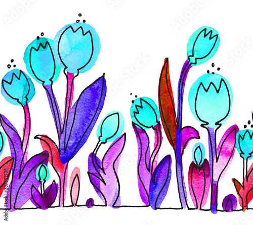Tulips. Seamless horizontal pattern. Isolated on background. Contour, silhouette, line, stain watercolors. Colored spots