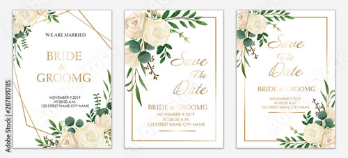 Set of Wedding invitation card design. Botanic composition for wedding and greeting card. White Flower paint by watercolor. Vintage style.
