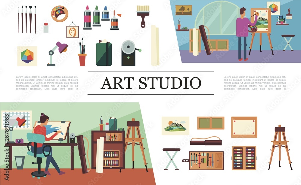 Flat Art Studio Elements Composition Flat Art Studio Elements Composition
