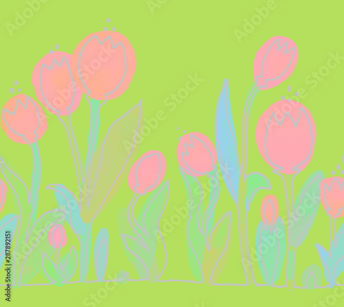 Tulips. Seamless horizontal pattern. Isolated on background. Contour, silhouette, line, stain watercolors. Colored spots