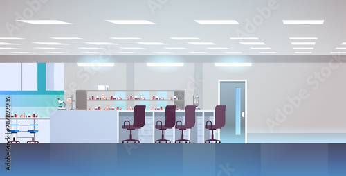 empty no people chemical research laboratory with furniture scientist workplace science education chemistry concept modern lab interior flat horizontal vector illustration