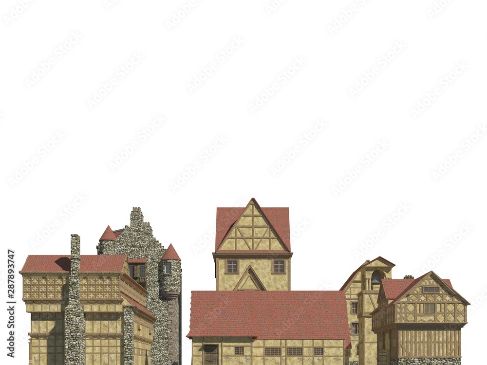 Fairy Tale Buildings Isolated on White Background 3D Illustration