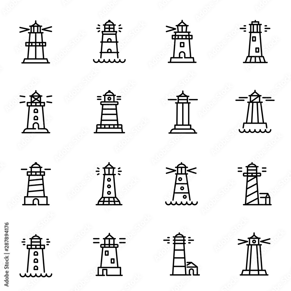 Lighthouses, navigational aid towers vector linear icons set