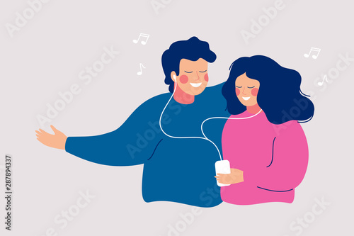 Young cheerful couple is sharing their earphone and listening to music with mobile phone. Flat vector characters illustration in hand drawn style.