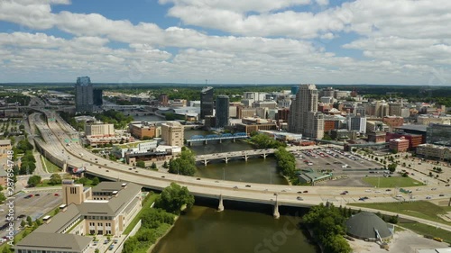 Aerial push in towards Downtown Grand Rapids, Michigan photo