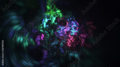 Abstract transparent green and violet crystal shapes. Fantasy light background. Digital fractal art. 3d rendering.