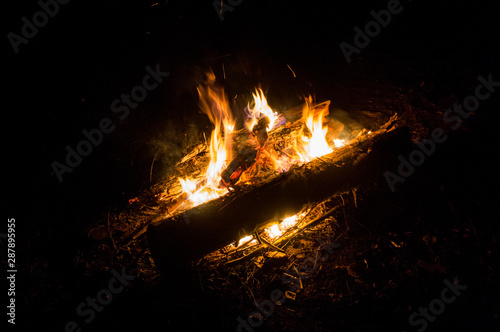 Bright contrast bonfire at night in nature.