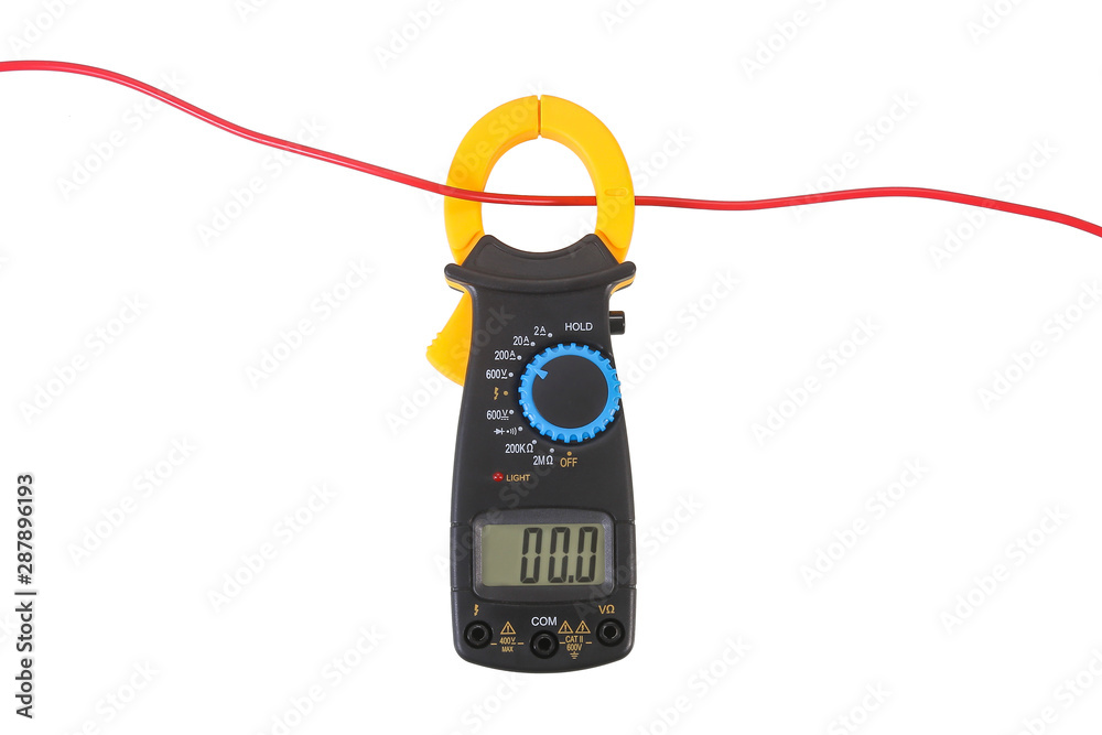 Clamp Amp meter for electrical tester that combines a voltmeter with a clamp type current meter multi-functional isolate on white background. clipping path Clamp Amp meter for electrical tester that combines a voltmeter with a clamp type current meter multi-functional isolate on white background. clipping path