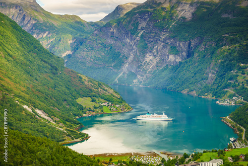 Fjord Geirangerfjord with cruise ship, Norway.