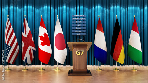 G7 country flags arranged in a conference room. 3D illustration photo