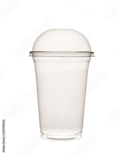 Clear plastic cup with sphere dome cap isolated on white background.