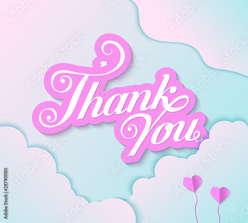 Romantic card with handwritten text thank you. Pastel colors, paper style. Pink Inscription in the clouds with hearts. brush pen lettering design. illustration.