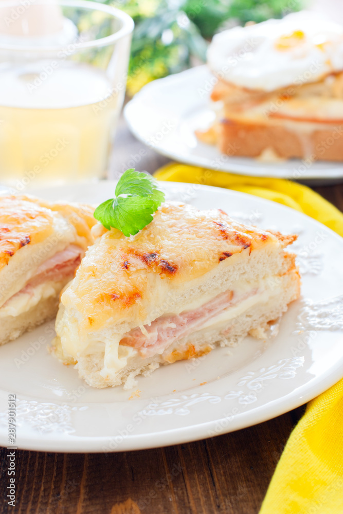 French sandwich with cheese and ham croque monsieur, selective focus French sandwich with cheese and ham croque monsieur, selective focus