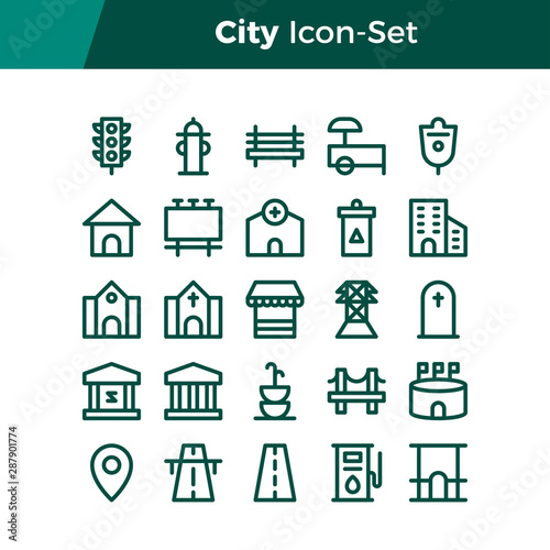 Simple Set of City Related Vector Line Icons. Contains such Icons as Bench Park, Hospital, Gate, Government Office, and more. Editable Stroke. 32x32 Pixel Perfect.