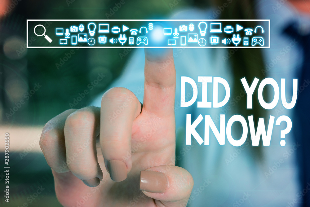 Text sign showing Did You Know Question. Business photo text when you are asking someone if they know fact or event Woman wear formal work suit presenting presentation using smart device Text sign showing Did You Know Question. Business photo text when you are asking someone if they know fact or event Woman wear formal work suit presenting presentation using smart device
