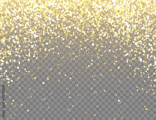 Sparkling Golden Glitter with Bokeh Lights on Transparent Vector Background. Falling Shiny Confetti with Gold Shards. Shining Light Effect for Christmas or New Year Greeting Card.