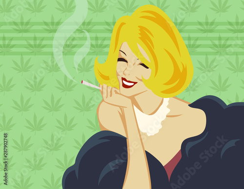 Smoked lady and marijuana leaf. Retro styled flat vector image