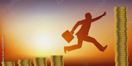 Concept de l’appât du gain avec un homme d’affaires qui prend des risques en sautant dans le vide, pour atteindre son objectif et gagner une fortune.
