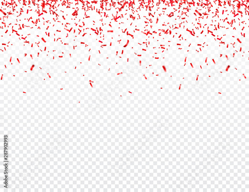 Christmas, Valentines day red confetti on transparent background. Falling shiny glitter. Festive party design elements.