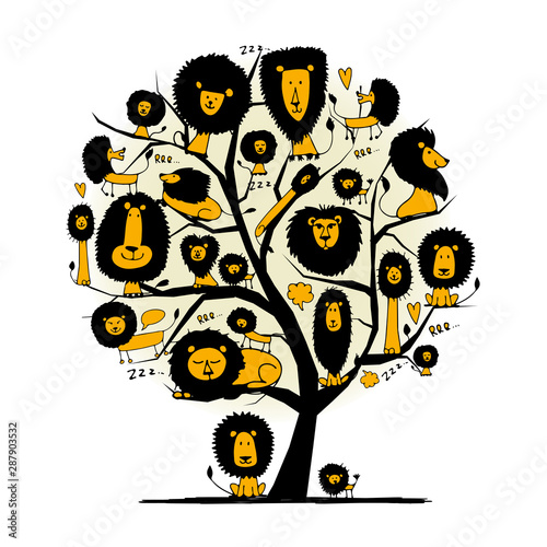 Funny lions on tree, sketch for your design