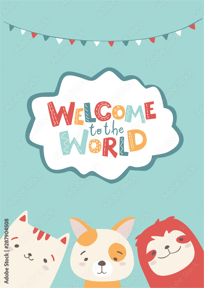 Vector cartoon card with cute animals - cat, dog, sloth. Fun letters.  Welcome to the world. Illustration in simple scandinavian hand-drawing  style Stock Vector | Adobe Stock