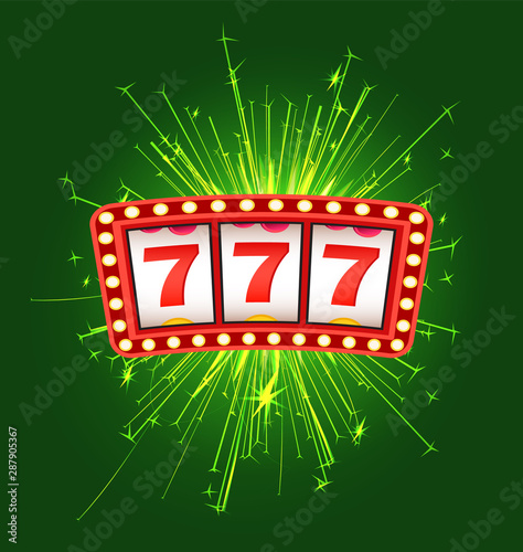 Jackpot sign with firework, cover of winning, lottery bingo. Gambling logo with 777 icons and sparkle on green, game machine, business success vector