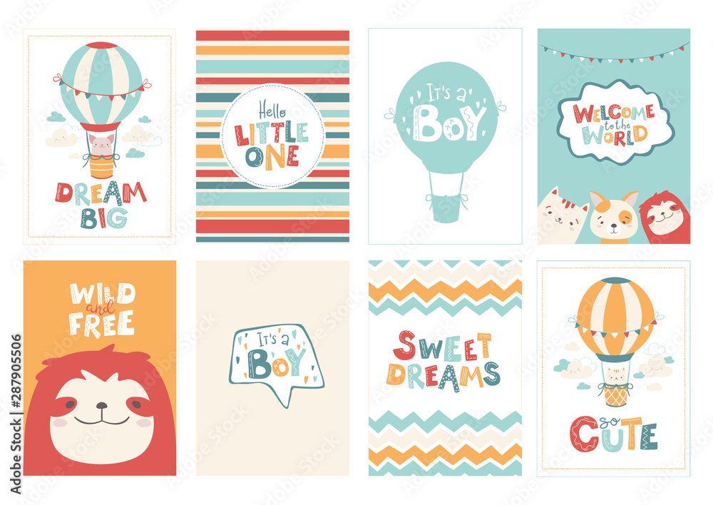 Vector set of cute greeting cards for baby in a simple Scandinavian style and pastel palette. Ideal for children's rooms