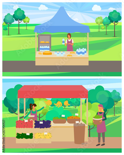 Fototapeta Naklejka Na Ścianę i Meble -  Vegetables shop with organic products vector, woman selling ingredients from farm. Milk and dairy production, milk in bottles, fridge with food set in park. Flat cartoon