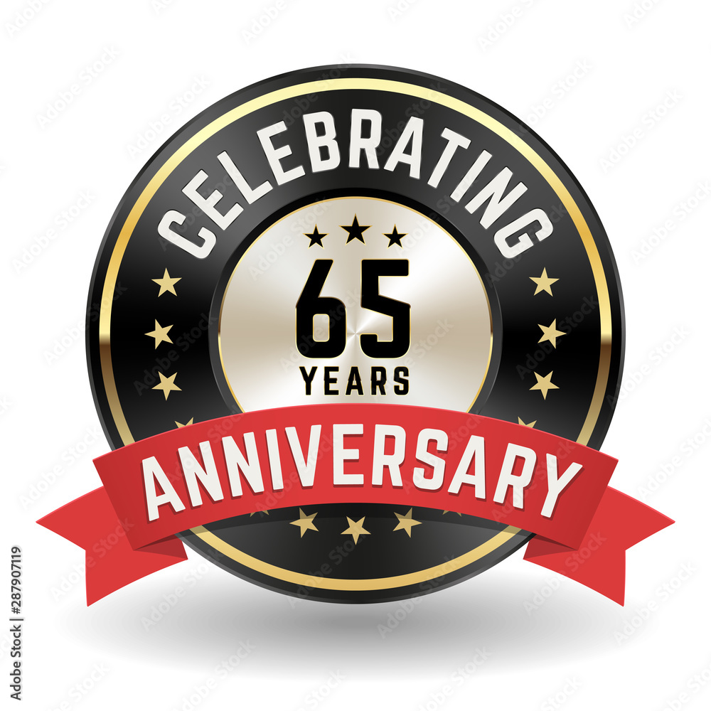 Fototapeta premium Celebrating 65 Years - Gold Anniversary Badge With Red Ribbon