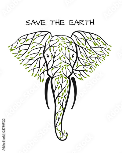 Elephant head made from tree leaves. Save the earth. Vector design