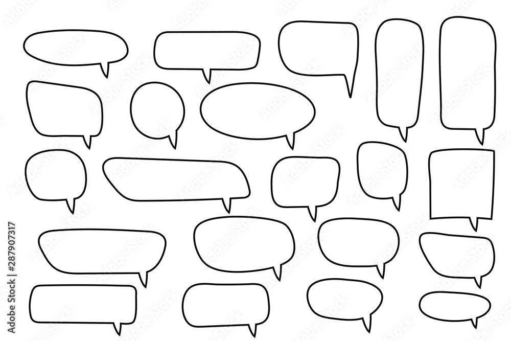 Obraz premium Vector speech bubbles set. Hand drawn speech bubbles set, doodle style, Blank empty vector speech bubbles. Cartoon outline balloon word design.