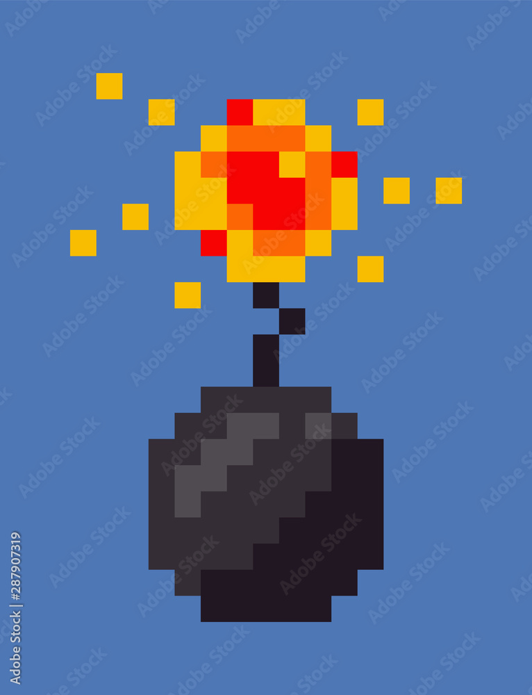 Fototapeta premium Explosion of bomb vector, isolated military weapon icon in flat style, pixel art game weaponry design of 8bit, pixelated dangerous object designed in retro