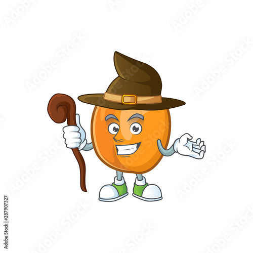 Witch ripe apricot character mascot of cartoon