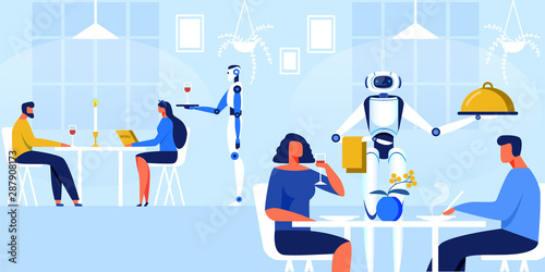 Robots Waiters in Restaurant Vector Illustration.