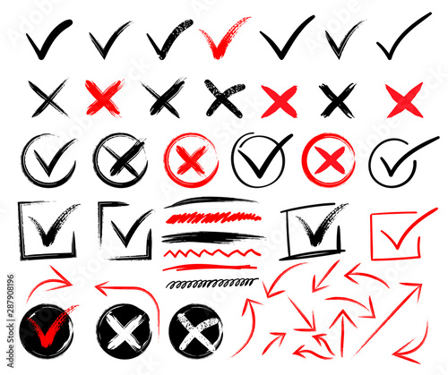 Doodle check mark e cross mark icon set check list símbolo