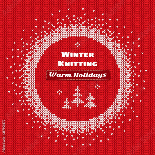 Handmade knitted seamless abstract background red pattern with white round frame and text: Winter knitting, Warm holidays
