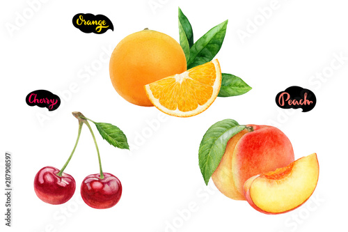 Fototapeta Naklejka Na Ścianę i Meble -  Cherry peach orange set fruit watercolor isolated on white background