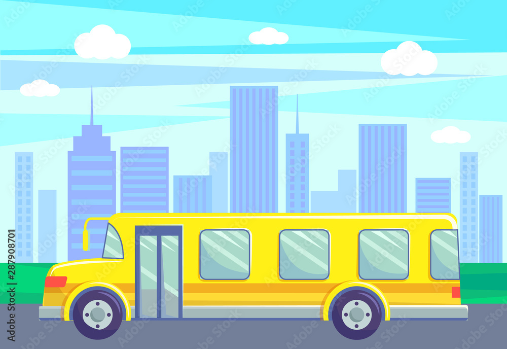 School bus riding on road of small town vector, cityscape with skyscrapers and high buildings. City with green parks and grass by highway, minibus. Flat cartoon