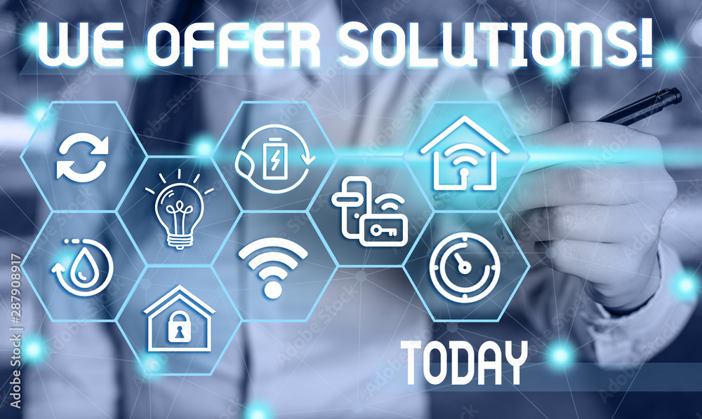 Text sign showing We Offer Solutions. Business photo showcasing way to solve problem or deal with difficult situation Female human wear formal work suit presenting presentation use smart device Text sign showing We Offer Solutions. Business photo showcasing way to solve problem or deal with difficult situation Female human wear formal work suit presenting presentation use smart device