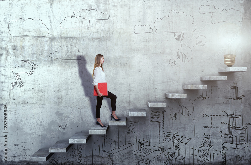 Side view of young businesswoman climbing the stairs with idea lamp on concrete background Side view of young businesswoman climbing the stairs with idea lamp on concrete background